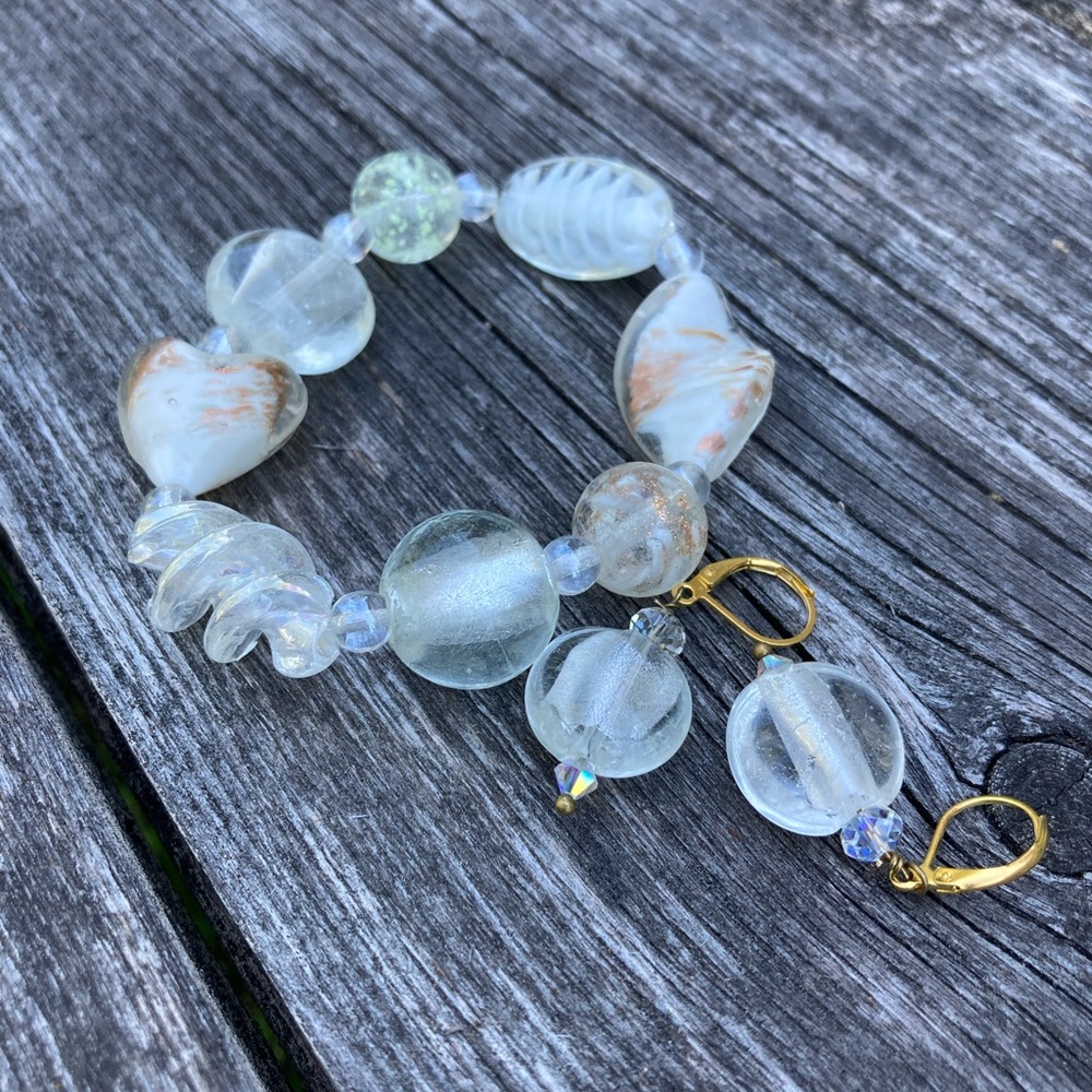 NWT Clear & White Lampwork Glass Czech Glass & Swarovski Crystal Bracelet E…